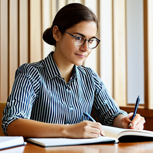 Home 18 A focused young female professional, in her mid-twenties, wearing modest, professional business casual attire, sitting comfortably at a well-organized, brightly lit wooden desk in a quiet, modern study lounge. She is deeply engaged in active reading from an open book, with a neat notebook and a pen laid out beside her. The background subtly blurs into a peaceful, academic setting with soft, natural light filtering in. The image conveys dedication, intellectual pursuit, and a calm learning environment. fully clothed, appropriate attire, safe for work, appropriate content, perfect anatomy, correct proportions, natural pose, well-formed hands, proper finger count, natural body proportions, professional photography, high quality, modest, family-friendly.