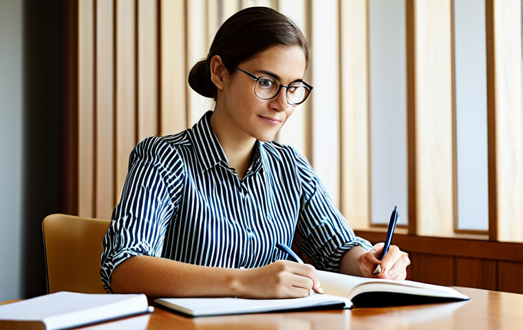 A focused young female professional, in her mid-twenties, wearing modest, professional business casual attire, sitting comfortably at a well-organized, brightly lit wooden desk in a quiet, modern study lounge. She is deeply engaged in active reading from an open book, with a neat notebook and a pen laid out beside her. The background subtly blurs into a peaceful, academic setting with soft, natural light filtering in. The image conveys dedication, intellectual pursuit, and a calm learning environment. fully clothed, appropriate attire, safe for work, appropriate content, perfect anatomy, correct proportions, natural pose, well-formed hands, proper finger count, natural body proportions, professional photography, high quality, modest, family-friendly.