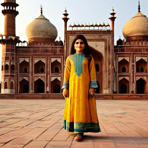 Home 10 **Prompt:** A Pakistani woman in a beautifully embroidered shalwar kameez, standing in front of the Badshahi Mosque in Lahore. Golden hour lighting, intricate details, warm colors, professional photography, high quality, safe for work, appropriate content, fully clothed, modest, family-friendly. Perfect anatomy, correct proportions, natural pose, well-formed hands, proper finger count, natural body proportions.